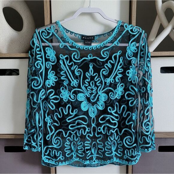 Weavz embroidered teal/black blouse Size L - Picture 1 of 9